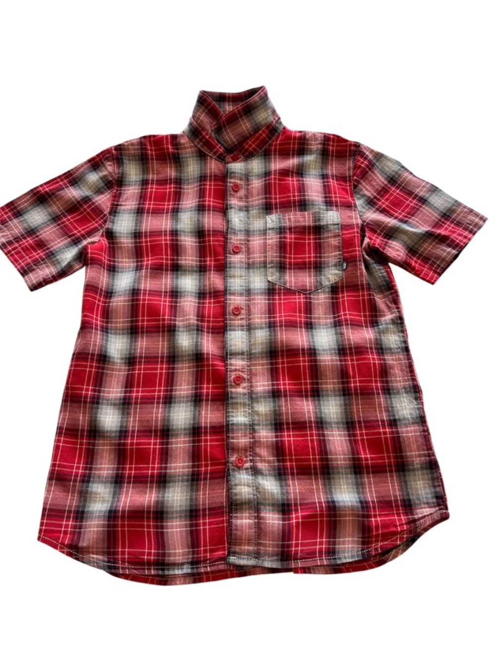 Vans Off the Wall Boys Short Sleeve Plaid Button Up Shirt Top Large Red Black